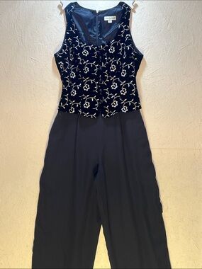 Vintage!! 80s Ann Taylor Black Jumpsuit with White Floral Embroidery